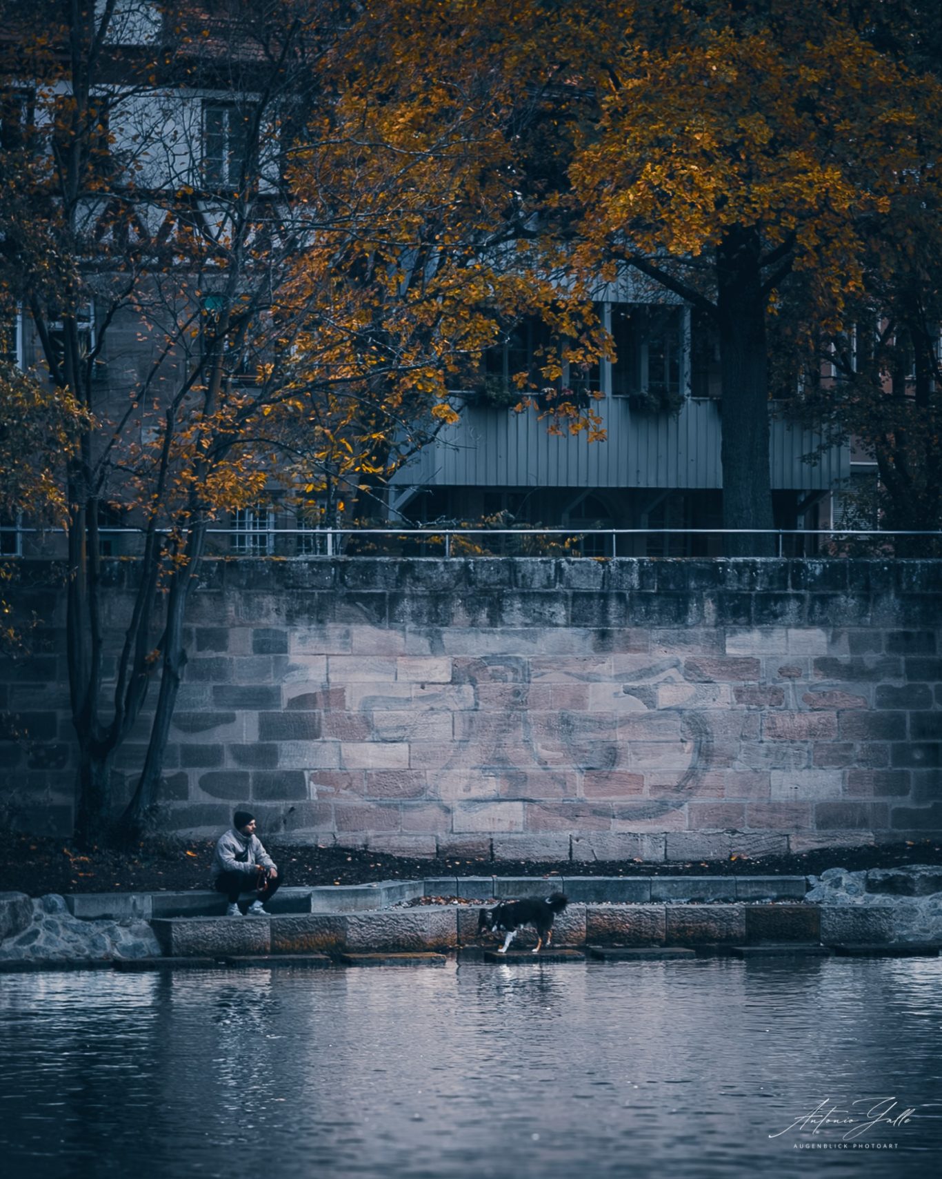 Wenn Worte fehlen Eine Person sitzt am Wasser, umgeben von Bäumen mit herbstlichen Farben und Graffiti.