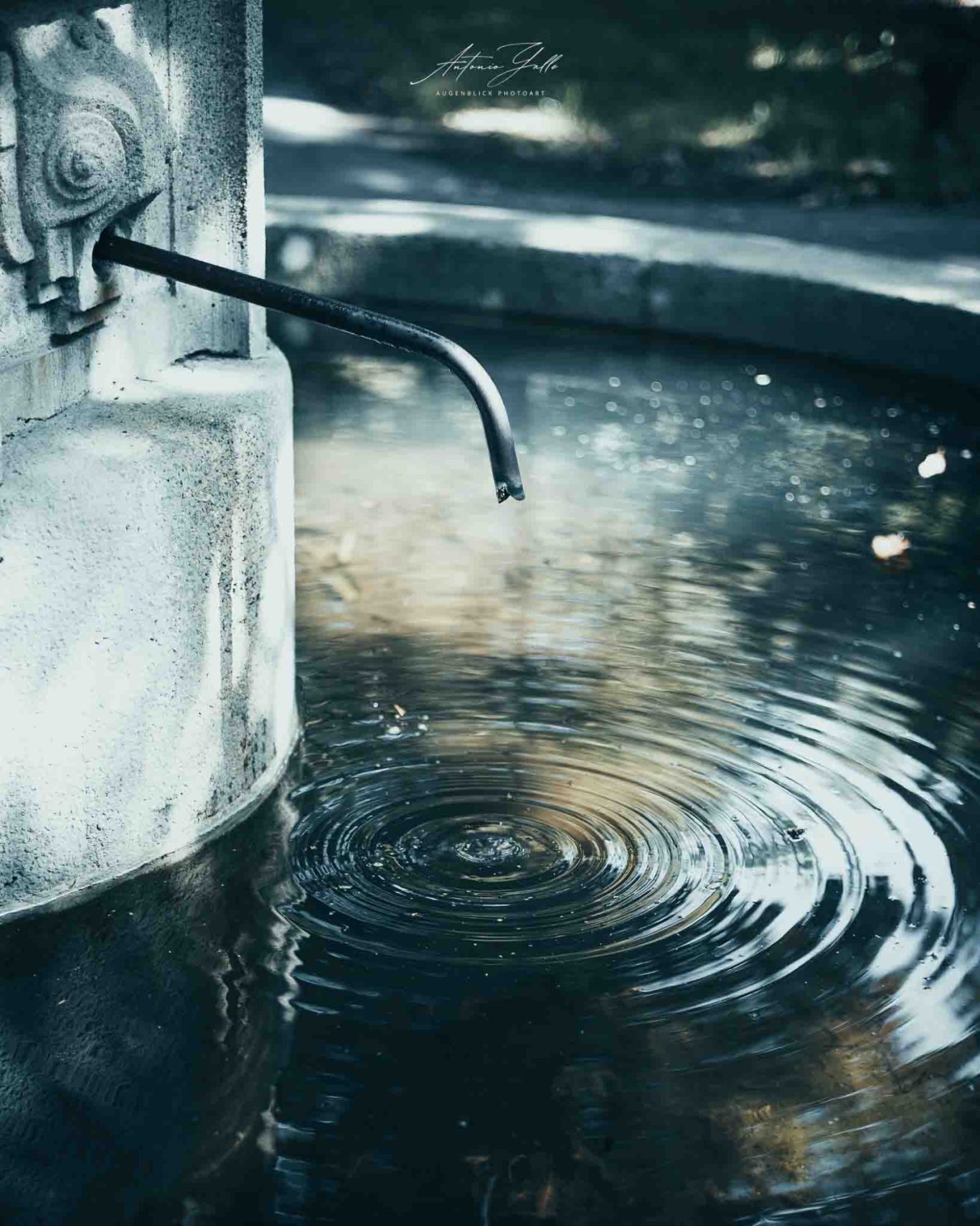 Stille Tropfen der Erinnerung Ein Wasserhahn mit fließendem Wasser, das Wellen im ruhigen Wasser erzeugt.
